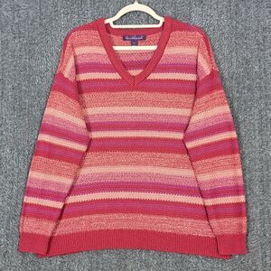 Gloria Vanderbilt Sweater Womens XL Multi-Color Striped Cotton Preppy V-Neck